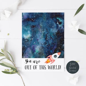 Mini cartão de biscoito para impressão de foguete, você está fora deste mundo, cartão de biscoito de dia dos namorados com estrelas da nave espacial, download instantâneo