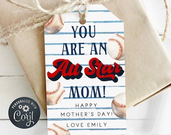 Baseball Mother's Day Gift Tag Template, Printable All Star Mom Favor Tags, Editable Sports Tag For Mom, Digital Download