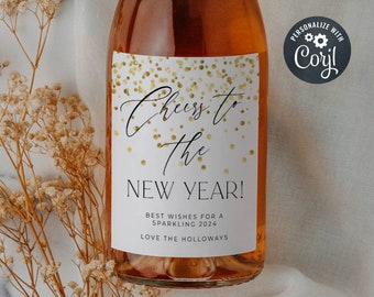 Silvester Weinflasche Etikett Vorlage, druckbare moderne NYE Konfetti Aufkleber, bearbeitbarer Prost auf das neue Jahr Geschenk, sofortiger Download