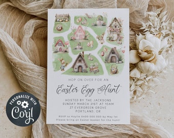 Easter Egg Hunt Invitation Template, Printable Map Bunnies Brunch Invite, Editable Kids Watercolor Easter Hunt Invite, Instant Download