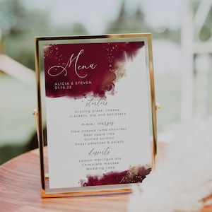 Burgundy Watercolor Menu Template, Printable Maroon &amp; Gold Wedding ...