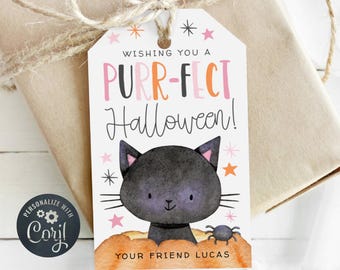 Plantilla de etiqueta de regalo de Halloween con diseño de gato negro, etiqueta imprimible para bolsas de dulces de Halloween, etiquetas editables para regalos escolares, descarga digital.