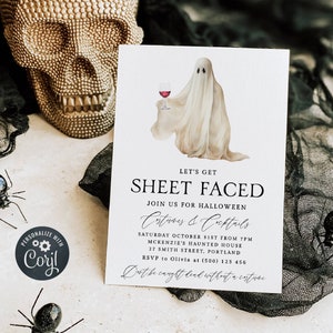 Modèle d'invitation d'Halloween en forme de feuille, invitations imprimables de costumes et cocktails, invitation modifiable de vin fantôme, téléchargement immédiat #SF