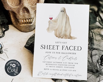 May include: A white invitation card with a ghost holding a glass of red wine. The text on the card reads "Let's get Sheet Faced. Join us for Halloween Costumes & Cocktails. Saturday October 31st from 7pm McKenzie's Haunted House 27 Smith Street, Portland RSVP to Olivia at (500) 123 456 Don't be caught dead without a costume."
