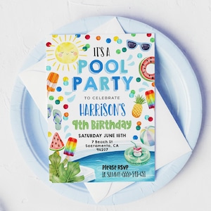 May include: A colourful pool party invitation featuring a sun, watermelon, popsicles and a pineapple. The text reads "It's a Pool Party" to celebrate Harrison's 9th birthday on Saturday, June 18th at 7 Beach St, Sacramento, CA 94207. Please RSVP to Sammy (555)-513-651.