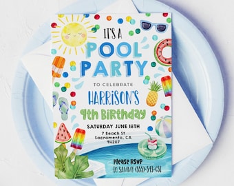 Boys Pool Party Invitation Template, Editable Pool Birthday Invite, Printable Summer Swimming Any Age Birthday Invite, Digital Download, #PP