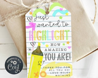 Highlighter Teacher Appreciation Gift Tag Template, Printable Thank You Favor Tag, Editable Teacher Tag, Digital Download