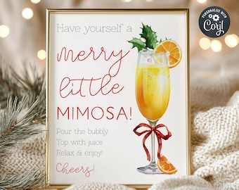 May include: A framed print with the text "Have yourself a merry little MIMOSA!" in red script. A watercolor mimosa cocktail illustration with an orange slice and holly is featured. The print is in a gold frame.