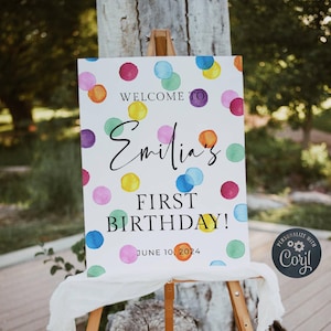 Plantilla de signo de bienvenida de cumpleaños de Rainbow Spots, cartel de bienvenida de lunares imprimible, tablero de fiesta de confeti divertido editable, descarga instantánea, #RSB