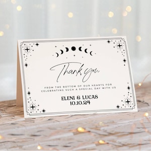 Plantilla de tarjeta de agradecimiento de boda con cartas del tarot, nota de agradecimiento gótica de Halloween imprimible, agradecimiento con fases lunares editable, descarga digital, #H9