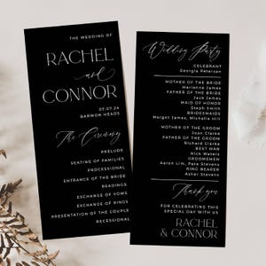 Klassische schwarze Hochzeitsprogramm-Vorlage, druckbare moderne elegante Reihenfolge der Zeremonie, bearbeitbare minimalistische Arbeitsblatt, sofortiger Download, #BW