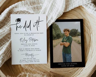 Mall för examensfest med "He Did It", utskrivbar minimalistisk fotoinbjudan för examen, redigerbar examensinbjudan, direktnedladdning #SG