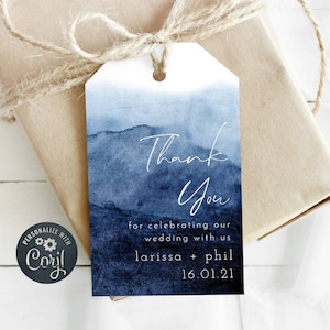 Navy Wedding Favor Tag Template, Printable Blue Ombre Watercolor Gift Tags, Editable Beach Wedding Thank You Tags, Instant Download, #WC1