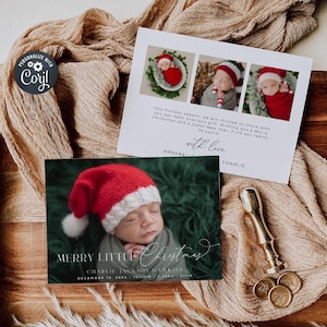 Plantilla de anuncio de nacimiento de Merry Little Christmas, tarjeta navideña imprimible para recién nacidos, tarjeta de felicitación navideña con foto editable, descarga instantánea