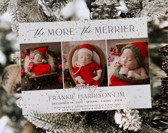 May include: A Christmas card with three photos of a newborn baby wearing a red and green Santa outfit. The card reads "The More the Merrier" and introduces Frankie Harrison Lim, born December 18, 2022, weighing 3.23 kg and 51 cm.