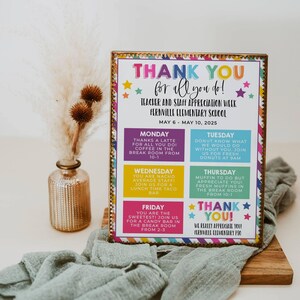May include: A colourful sign with a gold frame that says "Thank You for all you do!" Teacher and Staff Appreciation Week, Fernville Elementary School, May 6 - May 10, 2025. The sign lists daily activities for the week, including coffee, doughnuts, tacos, and sweets.