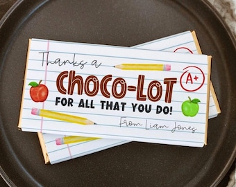 Plantilla de envoltorio para barra de chocolate de agradecimiento al profesor, etiqueta imprimible para barra de chocolate Thanks A Choco-Lot, envoltorio de agradecimiento editable, descarga digital