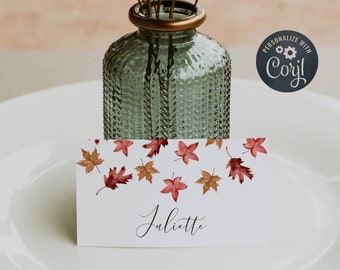 Thanksgiving Dinner Place Card Template, Printable Fall Leaves Name Card, Editable Modern Autumn Leaf Seating Card, Instant Download, #TAL