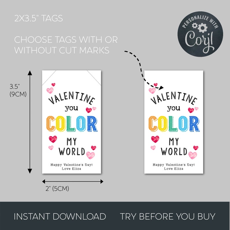 Rainbow Valentine's Day Gift Tag Template, Printable You Color My World Valentine Tags, Editable Crayons Kids Valentine, Instant Download zdjęcie 6