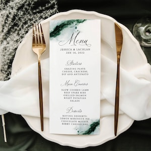 Modelo de menu de casamento em aquarela verde esmeralda, cartão de menu de casamento para impressão, decoração de casamento abstrata editável, download instantâneo, #EGW