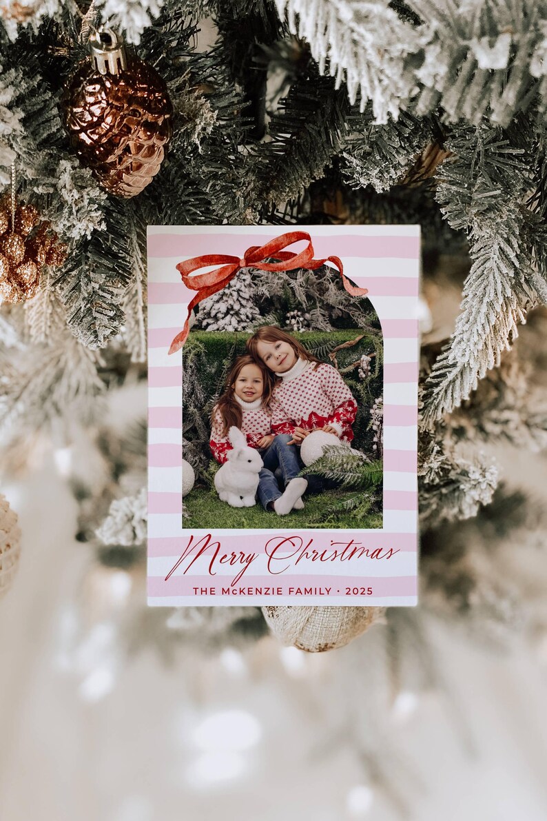 Red Bow Holiday Card Template, Printable Arch Photo Christmas Card ...