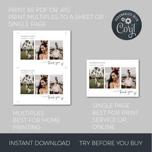 May include: A digital template for a thank you card featuring three photo slots, the names Shyrah & Tate, the date January 12, 2026, and the text Thank you with a heart. The layout is shown as a multi-card sheet and a single card design.