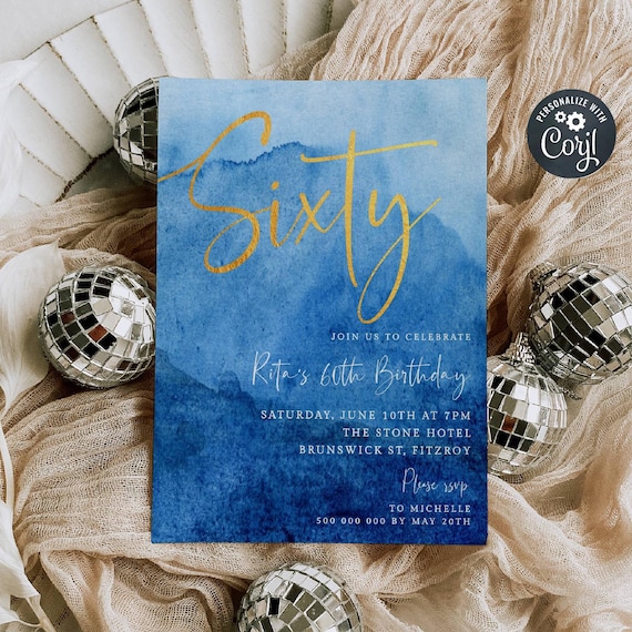 Elegant Blue & Gold Adult Birthday Invitation Template, Printable Any Age Party Invite, Editable Modern Sixty Invite, Instant Download, #AB