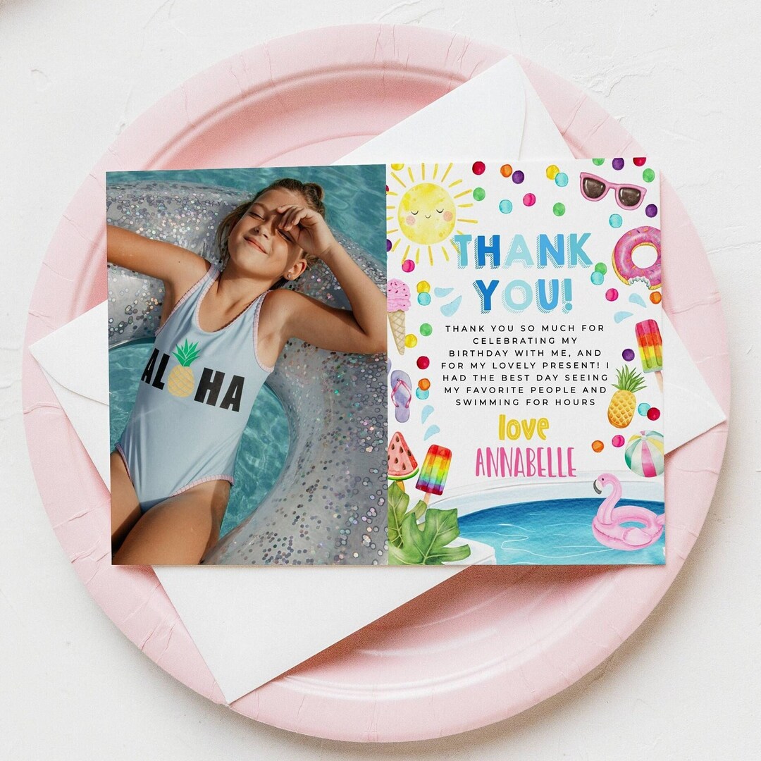 Pool Party Birthday Photo Thank You Card Template, Printable Summer ...