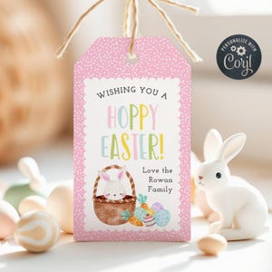 Hoppy Ostergeschenkanhänger Vorlage, druckbare Osterkorb Gunst Tags, bearbeitbare süße Pastell Osterhase Wertschätzung Ei Tag, sofortiger Download