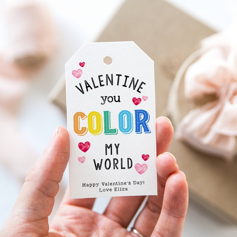 Rainbow Valentine's Day Gift Tag Template, Printable You Color My World Valentine Tags, Editable Crayons Kids Valentine, Instant Download zdjęcie 4