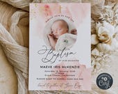 Blush Pink & Gold Baptism Photo Invitation Template, Printable Pink Watercolor Christening, Editable Elegant Invite, Digital Download, #PB