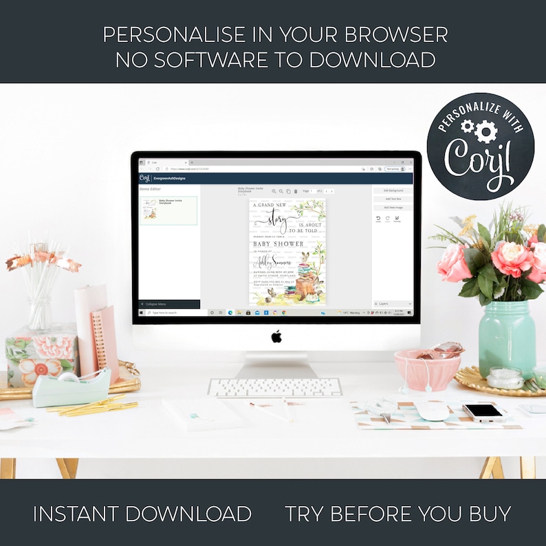 May include: A computer screen displaying a baby shower invitation with a whimsical illustration of a stack of books and a fox. The invitation reads "A Grand New Story is About to be Told" and "Baby Shower". The text "Personalize with Corjl" is visible in the top right corner of the image.
