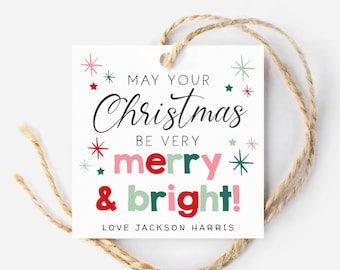 May Your Christmas Be Merry & Bright Gift Tag Template, Printable Holiday Favor Tags, Editable Modern Xmas Square Tags, Instant Download