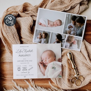 Plantilla editable de anuncio de nacimiento con foto, tarjeta imprimible de estadísticas de nacimiento, anuncio de bebé recién nacido, tarjeta sencilla de estadísticas de nacimiento, descarga instantánea