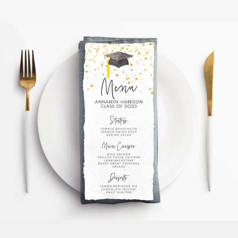 Graduation Dinner Menu Template, Printable Modern Graduate Table Decor, Editable Minimalist Grad Party Menu Cards, Instant Download, GC image 5