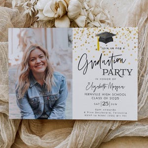 Confetti Graduation Party Photo Invitation Template, Printable Graduate Announcement, Editable Cap Grad Party Invite, Instant Download, #GC