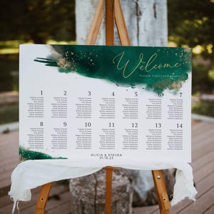 Emerald Watercolor Seating Chart Template, Printable Hunter Green & Gold Wedding Table Plan, Editable Modern Sign, Instant Download, #WC4