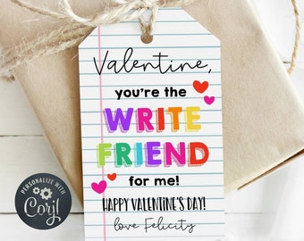 You Are The Write Friend For Me Valentine's Day Gift Tag Template, Printable Editable Valentine Pen Pencil Marker Tag, Instant Download