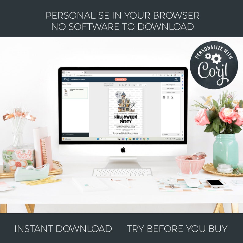 May include: A computer screen displaying a Halloween party invitation with a haunted house illustration. The invitation is being edited using a website called "Coril". The text on the invitation reads "You're invited to a Spooktacular Halloween Party".