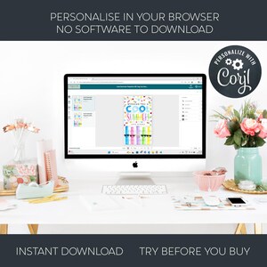 May include: A desktop computer displays a colorful gift tag design with the text "Wishing You a Cool Summer!" and a variety of sunglasses. The screen is on a white desk with flowers, stationery, and the text "Personalise in your browser, no software to download."