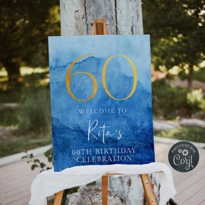 Elegant Blue & Gold Birthday Welcome Sign Template, Printable Ombre Watercolor Any Age Party Sign, Editable 60th Sign, Instant Download, #AB