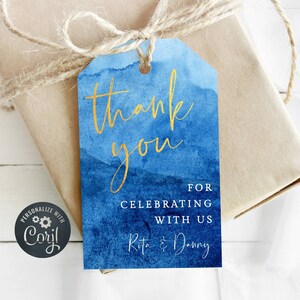 Elegant Blue & Gold Favor Tag Template, Printable Any Age Birthday Gift Tags, Editable Modern Ombre Thank You Tags, Instant Download, #AB