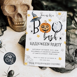 Boo Bash Halloween Party Invitation Template, Printable Kids Costume Party Invite, Editable Ghost Pumpkin Spiders Invite, Instant Download