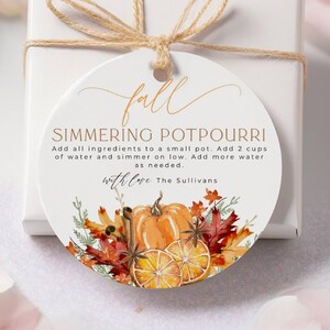 Runde Herbst Simmering Potpourri Geschenkanhänger Vorlage, druckbare Herbst Herd Potpourri Aufkleber, bearbeitbarer Urlaub Gunstanhänger, Sofort Download