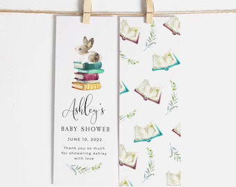 Segnalibro per baby shower a tema libri, Segnalibro per baby shower a tema libri stampabile, Grazie con coniglietti modificabili, Download digitale, #BT