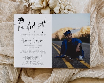 He Did It Graduation Party Invitation Template, Printable Modern Graduate Announcement, Editable Minimal Grad Invite, Digital Download, #SG