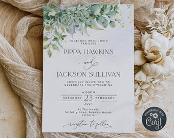 Peut inclure: Une invitation de mariage avec un motif floral aquarelle dans des tons de vert et d'or. L'invitation indique "Ensemble avec leurs familles, Pippa Hawkins et Jackson Sullivan vous invitent joyeusement à célébrer leur mariage, 16h00, samedi 23 février 2024, At The Heads, 1A Jetty Road, Barwon Heads, Victoria, réception à suivre."