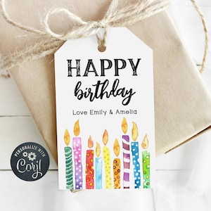 Druckbare alles Gute zum Geburtstag Geschenkanhänger Vorlage, Aquarell Kerzen Favor Tag, bearbeitbare Regenbogen Geburtstag Tags, Sofort Download