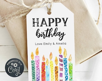 Printable Happy Birthday Gift Tag Template, Watercolor Candles Favor Tag, Editable Rainbow Birthday Tags, Instant Download