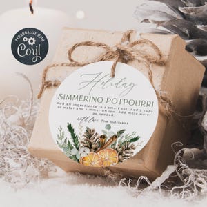 Modello di etichetta regalo rotonda per pot-pourri bollente, adesivi stampabili per pot-pourri da fornello, etichette modificabili per bomboniere natalizie, download immediato